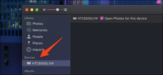 lista de dispositivos do aplicativo MacOS Photos