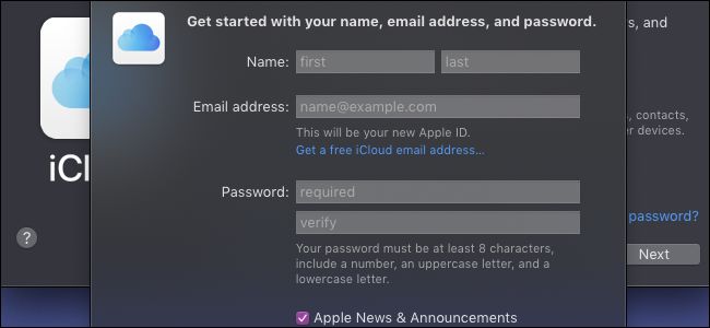 página de inscrição do iCloud