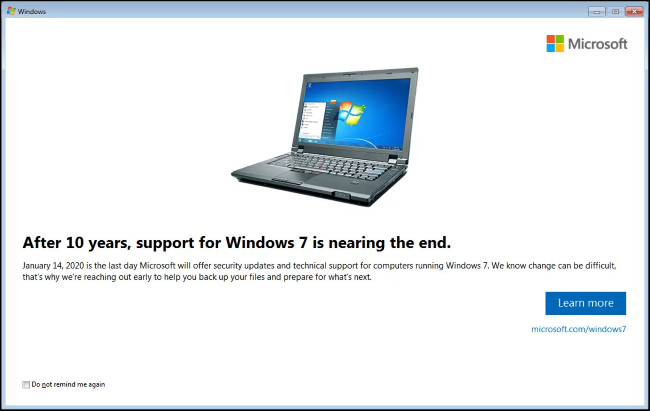 Notificação de fim de vida útil do Windows 7