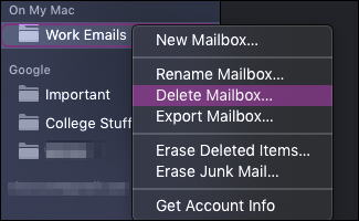 macOS Mail excluir caixa de correio