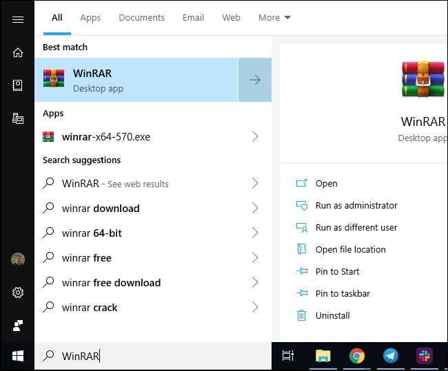Atalho WinRAR no menu Iniciar do Windows 10