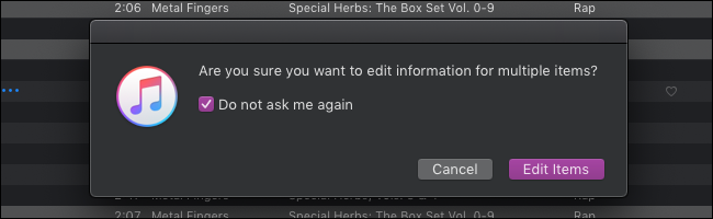 Prompt de itens de edição do iTunes do MacOS