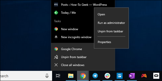 Abrindo a janela de propriedades de atalho da barra de tarefas do Chrome no Windows 10