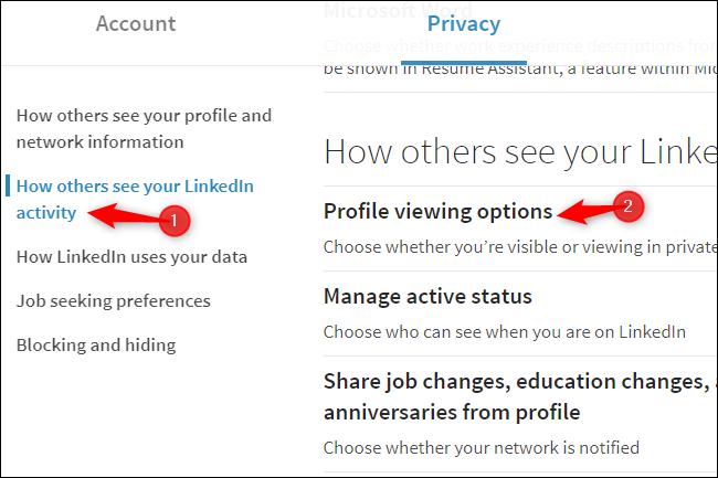 Perfil do LinkedIn visualizando opções de privacidade