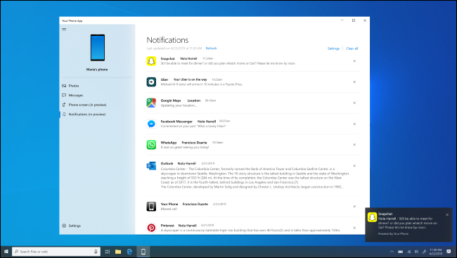 Aplicativo do Windows 10 Your Phone mostrando notificações do Android