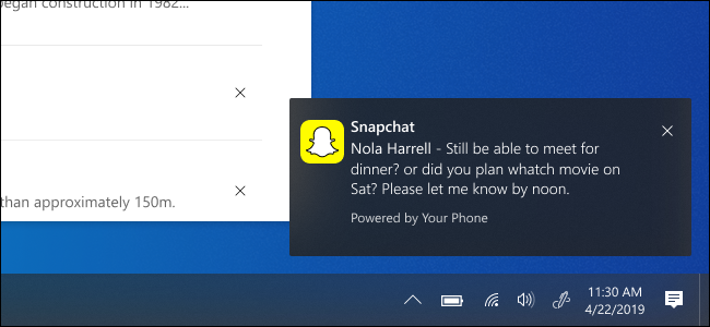 Windows 10 mostrando notificação Snapchat do Android