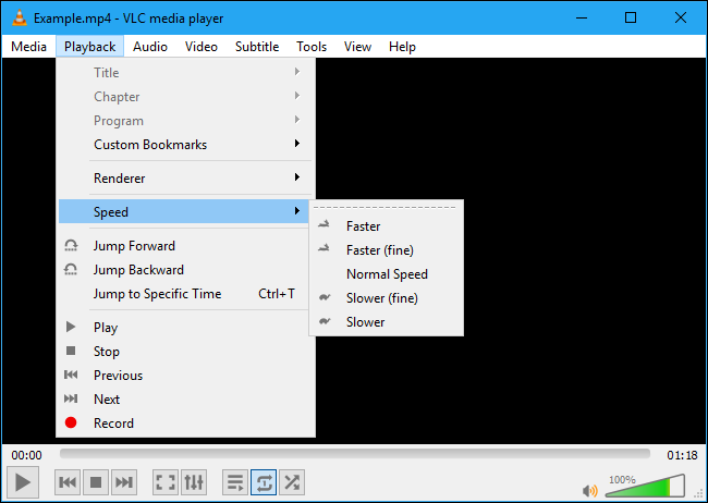 Opção de velocidade de reprodução no VLC