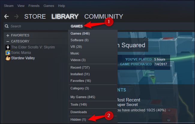 Menu de visualização da biblioteca Steam