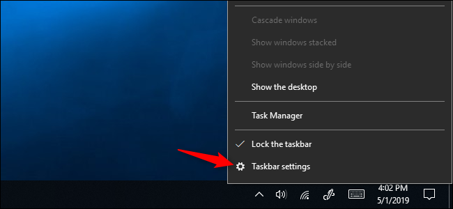 Opção de menu de contexto de Configurações da barra de tarefas no Windows 10
