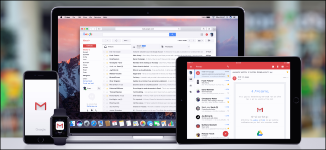 Aplicativos do Gmail em um Mac, iPhone, iPad e Apple Watch.