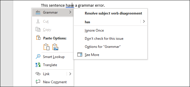 Correção de um erro gramatical no Word 2019 para Office 365