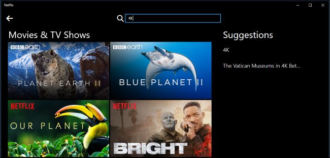 Procurando conteúdo 4K no aplicativo Netflix do Windows 10