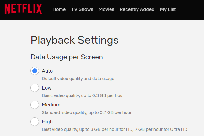Uso de dados da Netflix por configurações de reprodução de tela