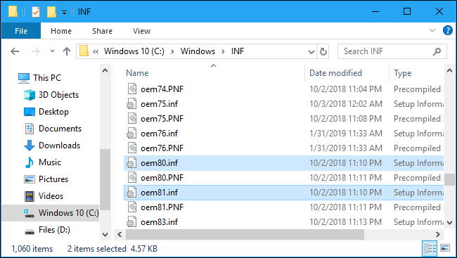 Arquivos OEM INF na pasta de sistema do Windows 10