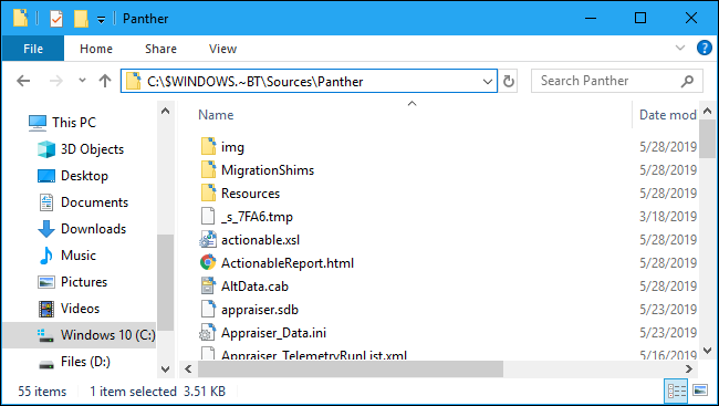 Pasta Panther de registro de mensagem de erro de configuração do Windows 10