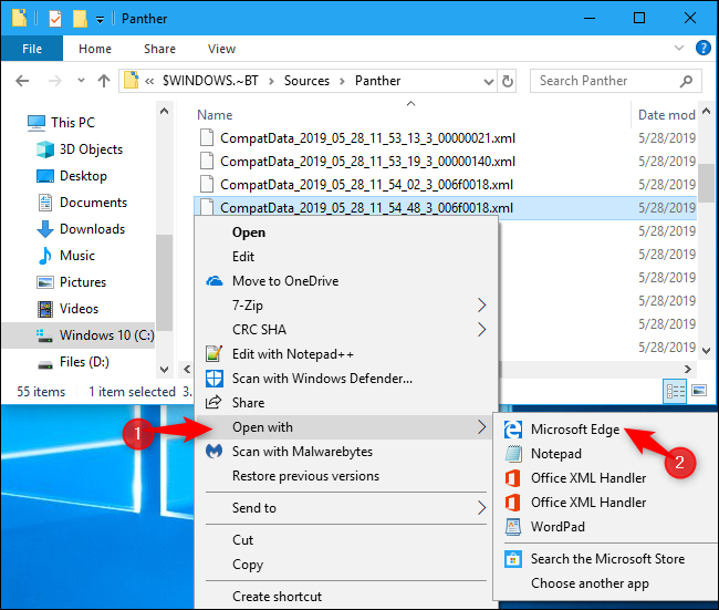 Abrindo um arquivo de log CompatData XML no Windows 10