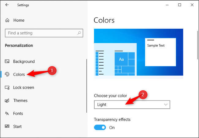 Ativando o tema claro no aplicativo Configurações do Windows 10