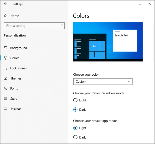 Antigo modo Windows escuro do Windows 10 e modo de aplicativo claro
