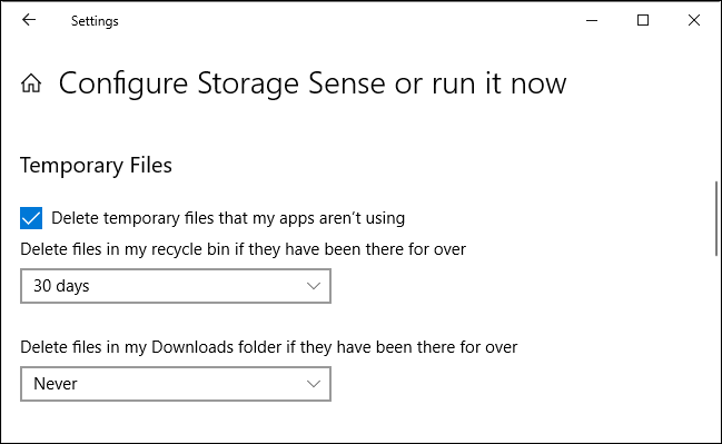 Lixeira do Storage Sense e opções de Downloads
