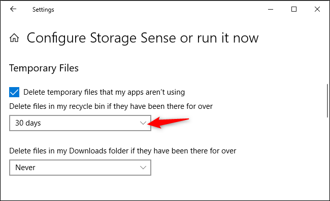 Opção para controlar se o Storage Sense exclui automaticamente os arquivos da Lixeira