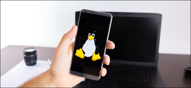 Smartphone com logotipo de smoking Linux e um laptop