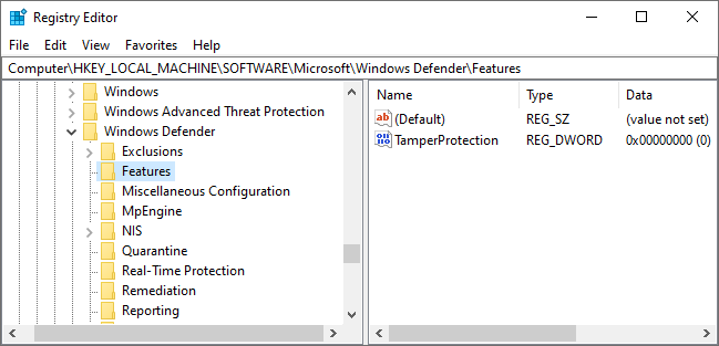 Configuração de proteção contra adulteração no registro do Windows