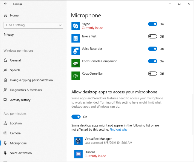 Quais aplicativos estão usando seu microfone no aplicativo Configurações do Windows 10