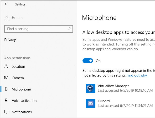 Painel de privacidade do microfone do Windows 10 mostrando quando os aplicativos acessaram pela última vez o microfone do PC