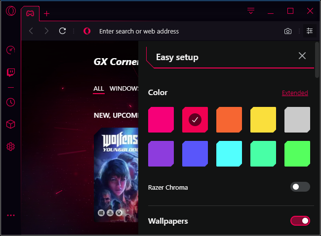 Opções de cor Opera GX e Razer Chroma