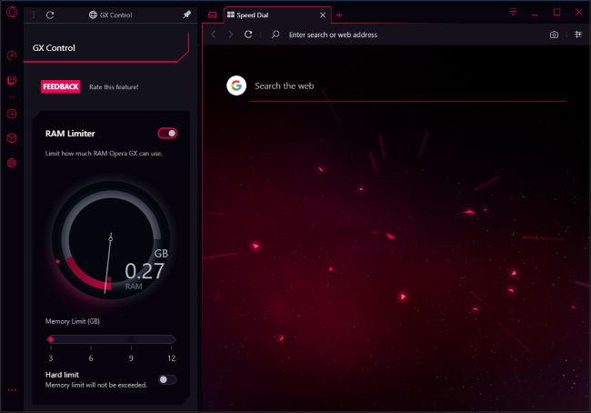 Opera GX com GX Control RAM Limiter habilitado.