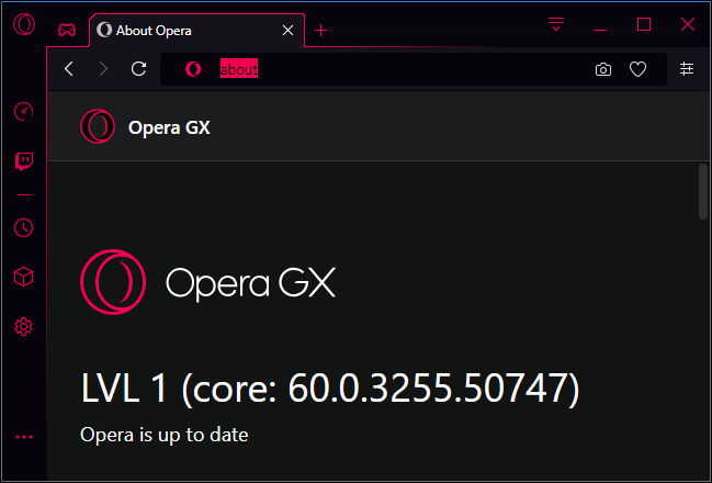 Número da versão do Opera GX nível 1