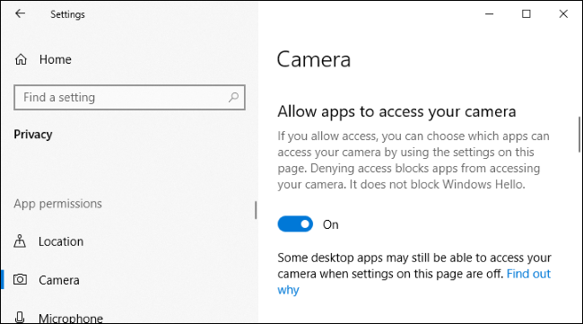 Opção para desativar o acesso à câmera para aplicativos no aplicativo Configurações do Windows 10