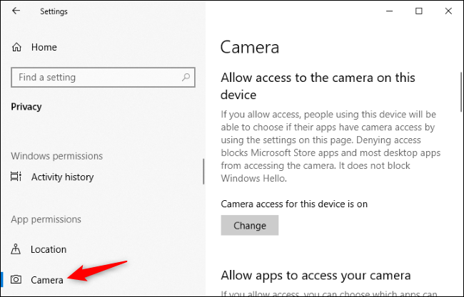 Configurações> Privacidade> Painel da câmera no Windows 10