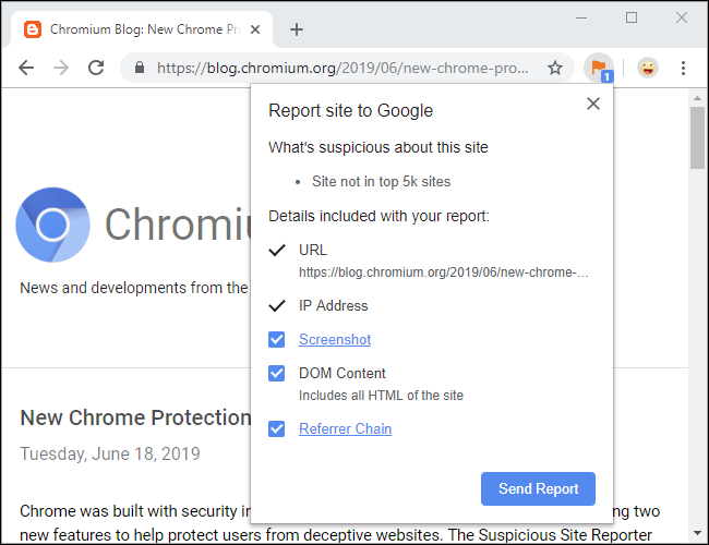 Extensão do Chrome Suspicious Site Reporter