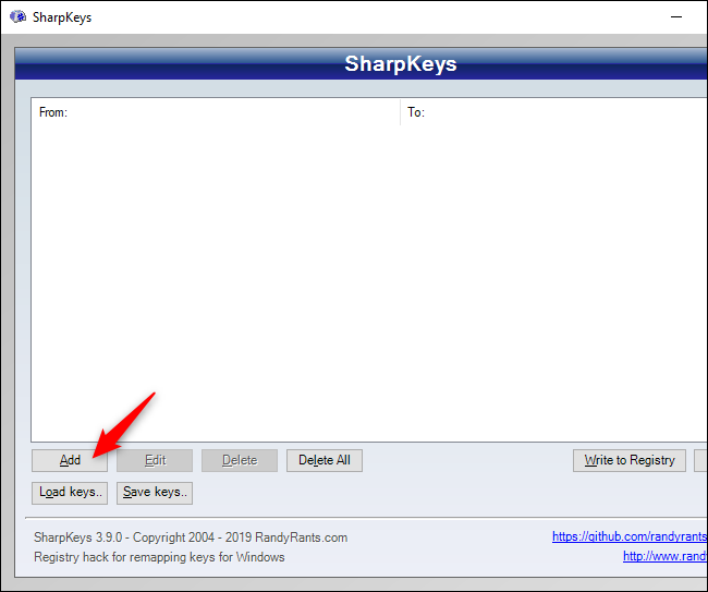 Janela SharpKeys mostrando o botão Adicionar