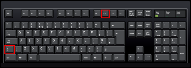Teclas Shift e F10 destacadas em um teclado de PC