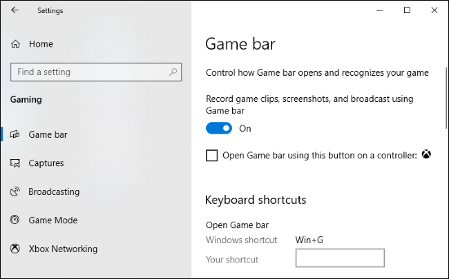 Opção para ativar ou desativar a barra de jogos em Configurações