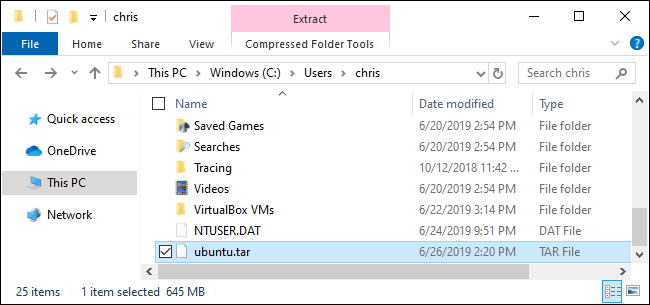 Arquivo TAR de um ambiente Linux criado pelo Windows 10