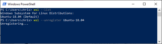 Cancelar o registro ou excluir um ambiente Linux da linha de comando do Windows 10