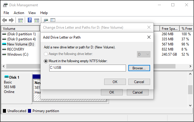 Montar uma unidade em uma pasta NTFS vazia no Windows 10.