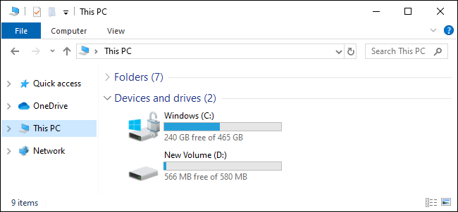 Esta visualização do PC mostra as unidades C: e D: no Windows 10