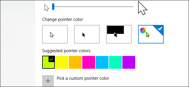 Tamanho do ponteiro do mouse do Windows 10 e opções de cores.