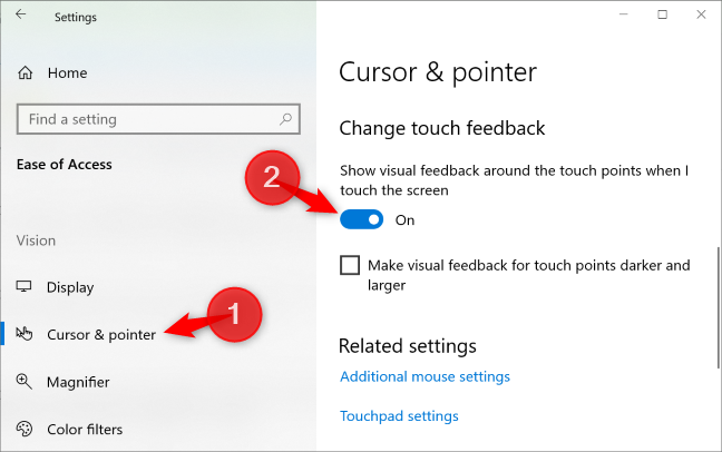 No painel "Cursor e ponteiro", toque no botão "Mostrar feedback visual ao redor dos pontos de toque ao tocar na tela" e alterne para "Desligado".