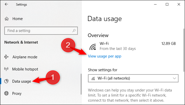 Opção de visualizar o uso de dados por aplicativo nas configurações do Windows 10