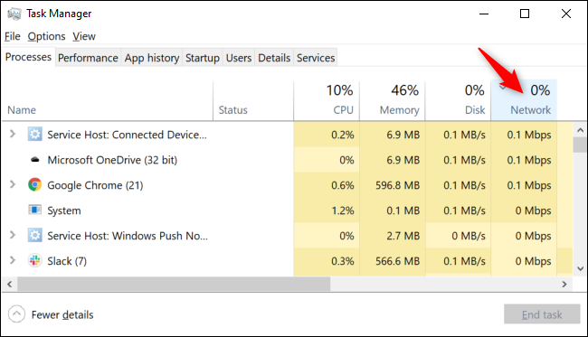 Processos classificados por uso de rede no Gerenciador de Tarefas do Windows 10