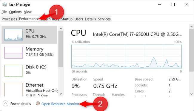 Botão para abrir o Monitor de Recursos no Gerenciador de Tarefas