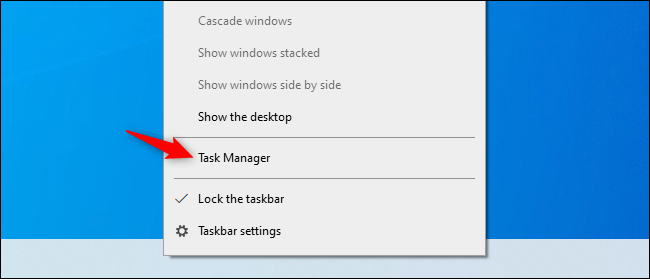 Opção Gerenciador de tarefas no menu de contexto da barra de tarefas no Windows 10