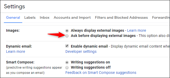 Opção para desativar imagens externas e, assim, rastreamento de e-mail no Gmail
