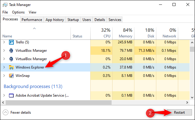 Clique em "Windows Explorer" na lista de Processos e, a seguir, clique no botão "Reiniciar".