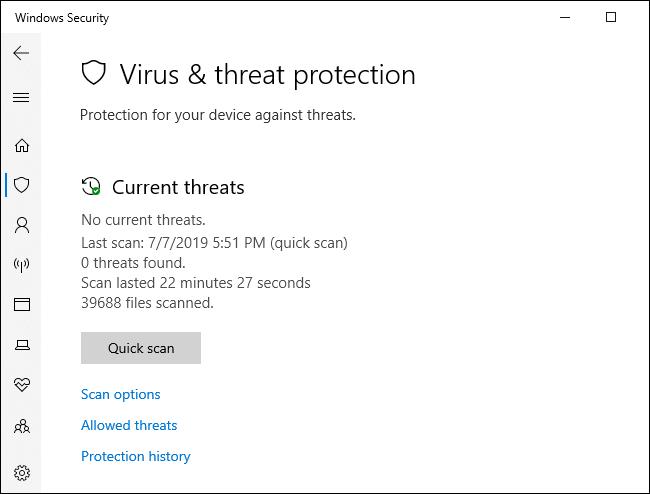 Menu de verificação de antivírus do Windows Defender.